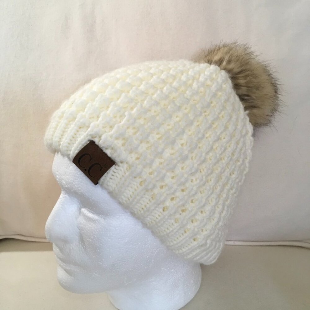 C.C Diamond Pom Beanie Fur Lined NWOT